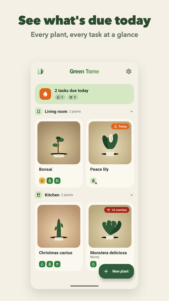Green Tome home screen showing plants grouped by room and tasks due today