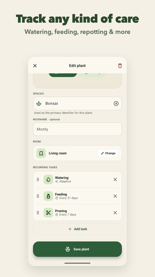 Tracking watering, feeding and repotting